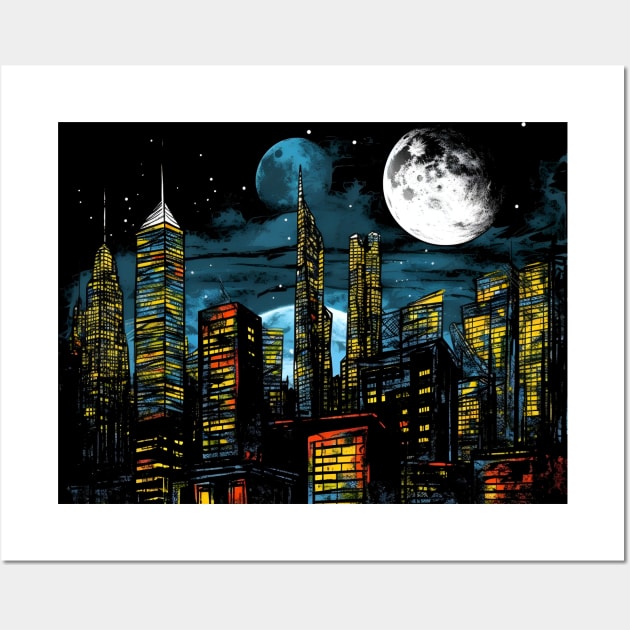 New York Skyline 2050 A Startling 3D Cityscape under a Looming Moon Wall Art by Artwear Cafe